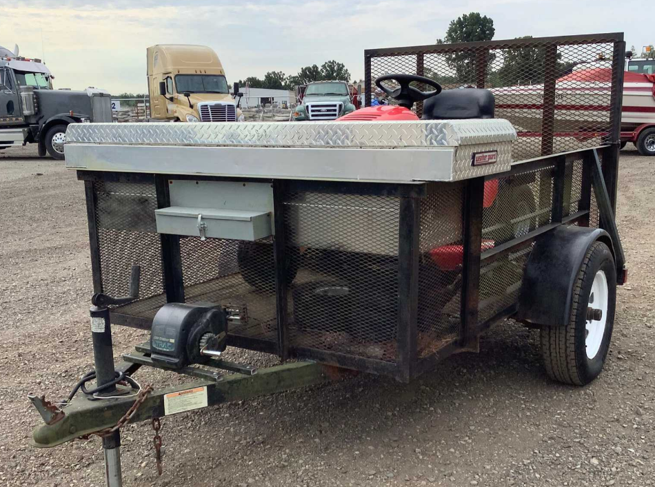 5’ x 8’ UTILITY TRAILER WITH RAMP AND WINCH AND ASSORTED ITEMS