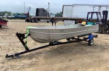 13’ 6”L aluminum row boat with single axle trailer
